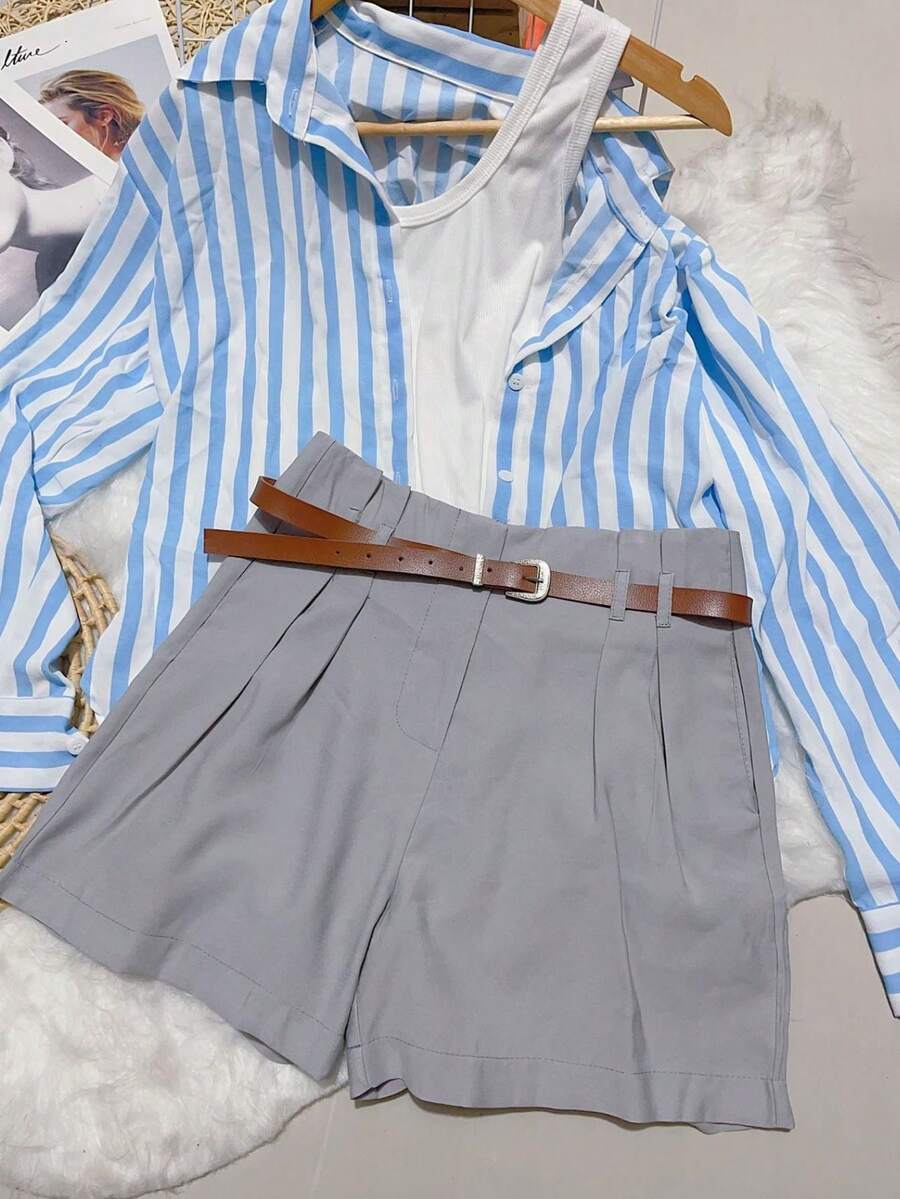 Women's Plain Marrant Shorts With Belt - 淺灰色 - 查看 1
