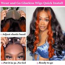 戴上即走 9x6 无胶假发，真人发丝，预拔，预剪，适合初学者，姜黄色波浪蕾丝前假发，适合，透明蕾丝闭合，彩色无胶假发，万圣节服装 - SNatural/Orange - 查看 5