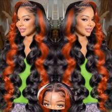 戴上即走 9x6 无胶假发，真人发丝，预拔，预剪，适合初学者，姜黄色波浪蕾丝前假发，适合，透明蕾丝闭合，彩色无胶假发，万圣节服装 - SNatural/Orange - 查看 2