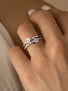 1 件双层镶水钻三花戒指 S925 纯银休闲可爱戒指适合日常佩戴、派对、情人节礼物情人 - 雙層兩朵花戒指 - 查看 3