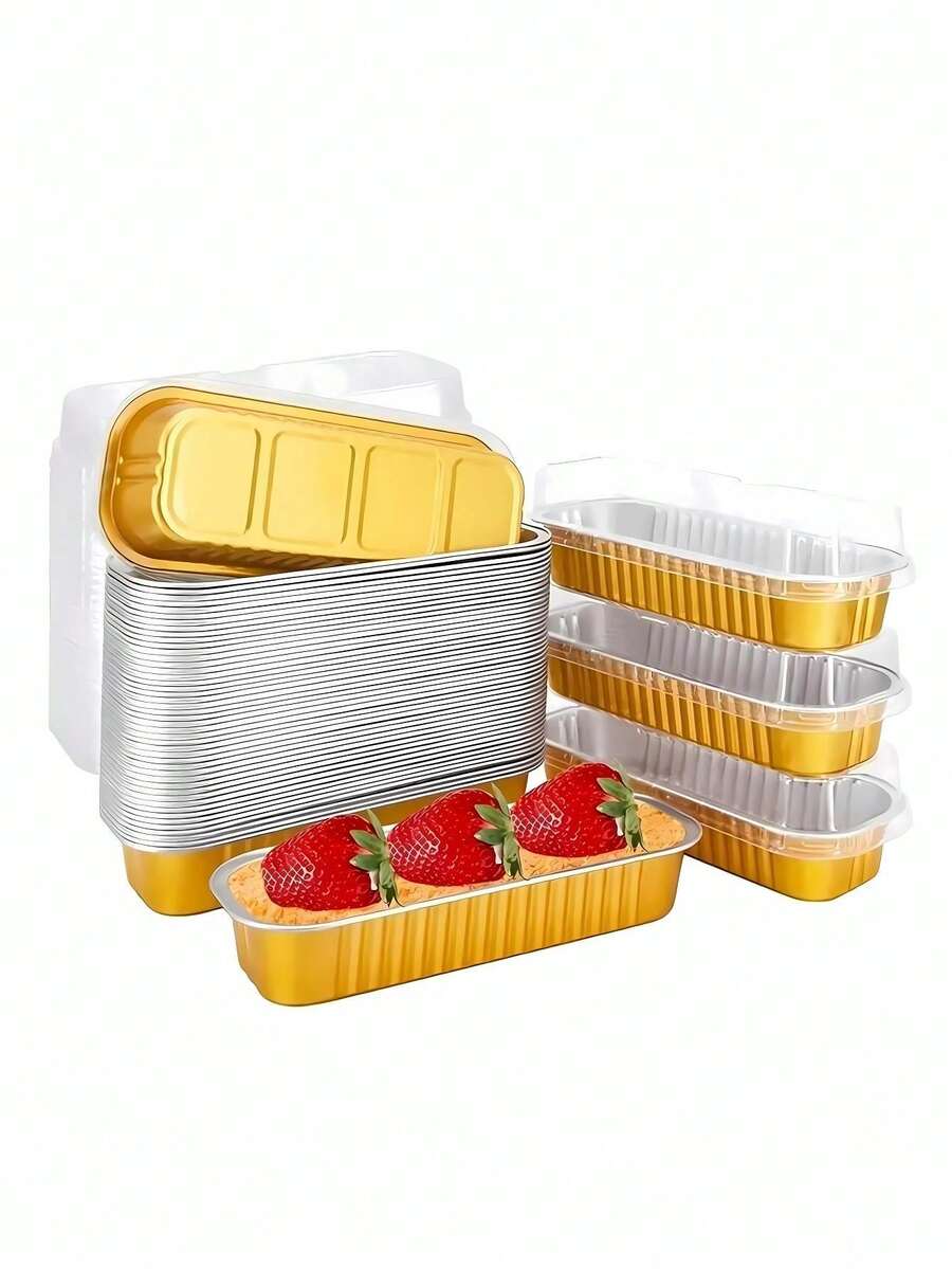 10pcs Rectangular Gold Foil Cupcake Baking Cups With LIDS, A Set Of