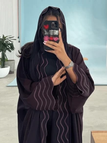 Women 2pcs Set Gray Long Robe With Striped Embroidered Cardigan And Headscarf, Modest Abaya