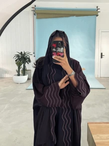 Women 2pcs Set Gray Long Robe With Striped Embroidered Cardigan And Headscarf, Modest Abaya