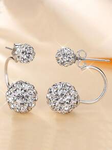 Elegantes pendientes clip de doble bola de plata de ley 925 con circonita cúbica brillante, pendientes de botón clásicos para uso diario para mujeres, aptos para temporada de graduación/primavera y verano/festivales/cumpleaños/aniversario