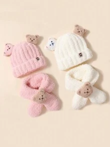 1/2 件毛绒婴儿帽子和围巾套装，超可爱卡通熊设计女孩新生儿，加厚防风，适合秋冬季 - 彩色 - 查看 1