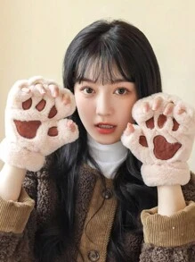 1 Pair Of Cute Cat Claw Fingerless Gloves, Thick, Warm, And Cold Resistant Plush Gloves, Suitable For Daily Use By Winter Girls, With A Rope