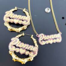 个性化亚克力心形名字项链和耳环套装 - 可定制珠宝，配有链条、环形耳环、无电镀，适合音乐节、礼物和日常使用，四季皆宜 - 閃粉彩色 - 查看 6