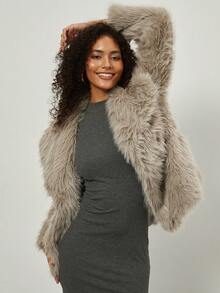 Women's Fashionable Casual Loose Fluffy Trimmed Short Jacket - Dusty Purple - View 2