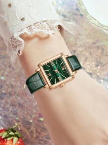 5PCS Ladies' Green PU Leather Dtrap Fashionable Casual Retro Simple Scale Square Dial Quartz Watch Bracelet Set For Daily Wear Decoration Or Gift Giving