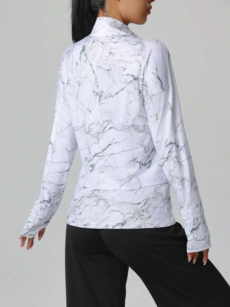 Women Casual Marble Print Long Sleeve Sports Jacket With Thumb Hole