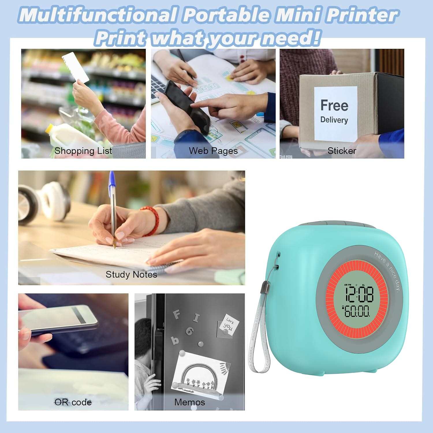 Mini Alarm Clock Printer, Portable Wireless Pocket Inkless Printer