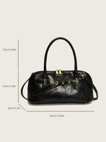 1 件 FEISTURE 纯色 PU 皮革紧固件手提包，复古单肩斜挎包，适合女孩、女士、大学生、办公室职员，非常适合工作、商务、通勤、上学 - 黑色 - 查看 11