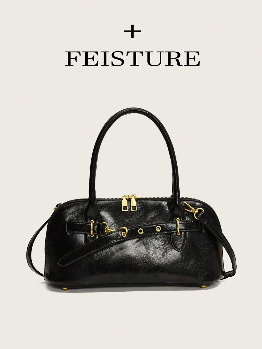 1 件 FEISTURE 纯色 PU 皮革紧固件手提包，复古单肩斜挎包，适合女孩、女士、大学生、办公室职员，非常适合工作、商务、通勤、上学