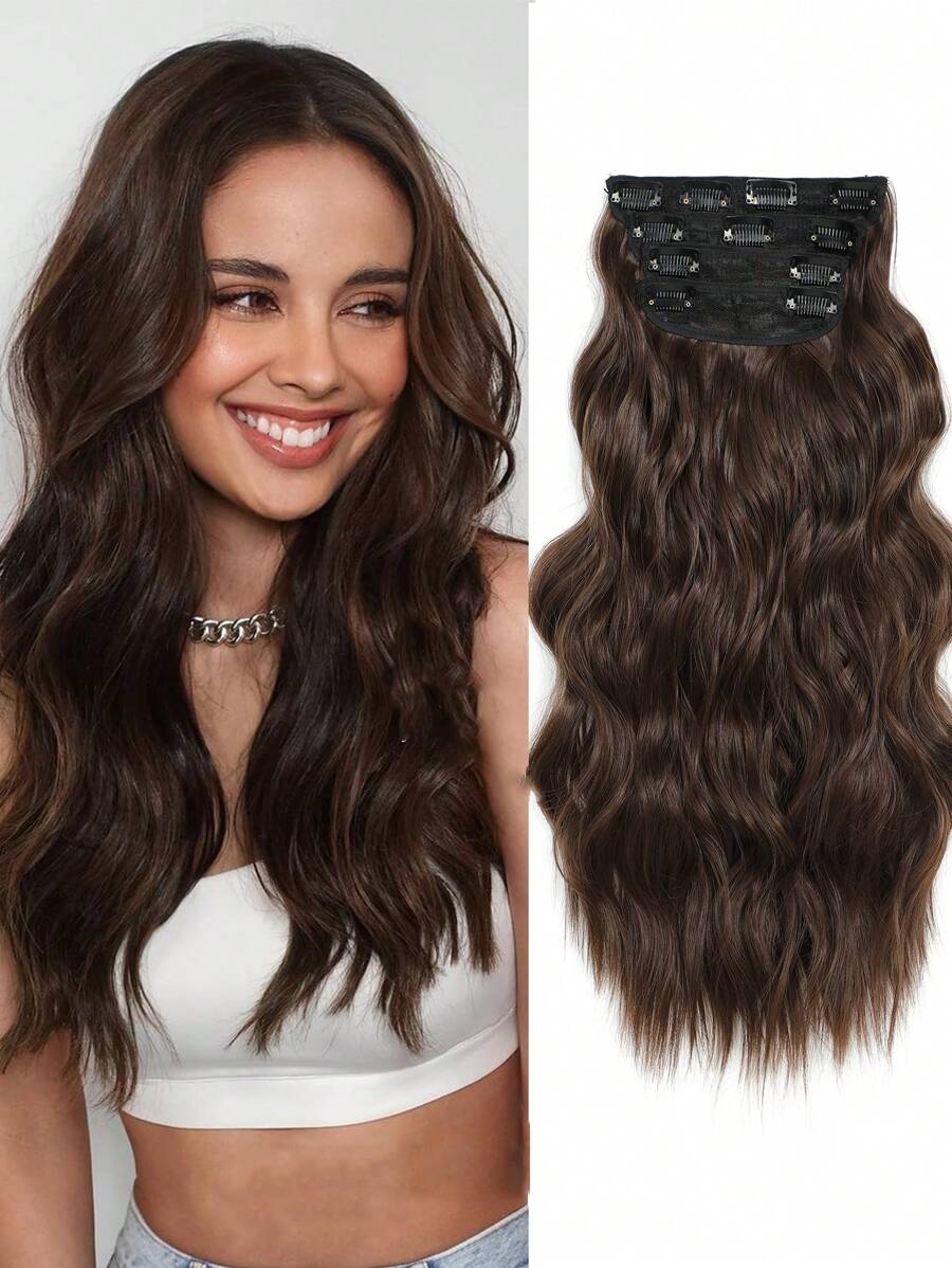 Kẹp trong tóc giả dài gợn sóng tổng hợp 20 inch 4 CÁI tóc giả màu nâu sô cô la dài gợn sóng toàn đầu kẹp trong tóc giả sợi tổng hợp cho phụ nữ - Cà phê nâu - Xem 1