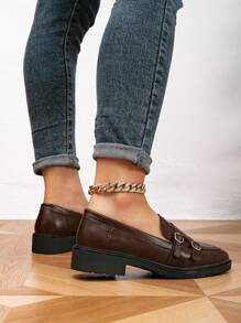 Women's Round Toe Buckle Flat Loafers, Thick Bottom Comfortable Retro Casual Shoes, Spring/Autumn