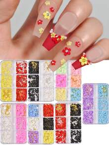 1 盒 6 个隔层，内含各种彩色微型花朵美甲装饰，包括树脂 5 瓣花朵、珠子和珍珠，可制作 DIY 美甲配件 - 彩色 - 查看 1