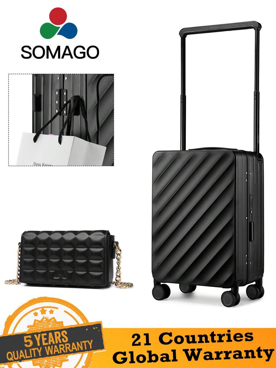 Carry On Suitcase 22x14x9 Wide Handle 20 Inch Luggage Airline Approved Polycarbonate Hardside Aluminum Frame No Zipper With Spinner Wheels TSA Lock Dry Wet Pocket - màu đen - Xem 1