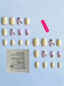 24 片方形鲜花蜜蜂可拆卸假指甲提升您的外观，配有指甲胶和指甲锉，适合女性和儿童佩戴和压指甲 - 彩色 - 查看 3