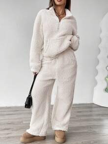 女式白色保暖内衬立领半拉链口袋装饰长袖上衣和抽绳腰长裤冬季运动套装 - 白色 - 查看 2