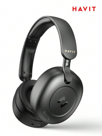 havit H655BT 混合主动降噪耳机，适合飞机旅行，无线包耳式蓝牙耳机，76 小时播放时间，高分辨率音频，通过应用程序播放超重低音，5 个麦克风用于降噪