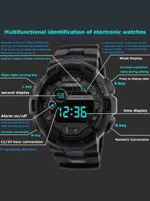 Teenage Boys' Black Tech Shock-Resistant Night Light Sports Electronic Watch For Students