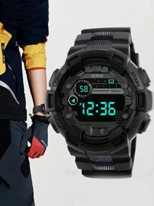 Teenage Boys' Black Tech Shock-Resistant Night Light Sports Electronic Watch For Students