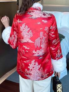 Fashion Fluffy Collar Long Sleeve Padded Coat, Red Casual Wear, Chinese Style Tang Suit Coat For Women, Thickened, Suitable For New Year & Spring Festival