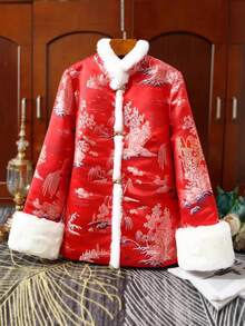 Fashion Fluffy Collar Long Sleeve Padded Coat, Red Casual Wear, Chinese Style Tang Suit Coat For Women, Thickened, Suitable For New Year & Spring Festival