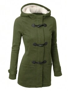 Winter Coat With Horn-Shaped Button Thermal Lined Hooded Jacket - Army Green - View 1