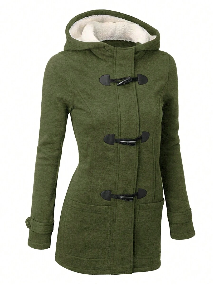 Winter Coat With Horn-Shaped Button Thermal Lined Hooded Jacket - Army Green - View 1