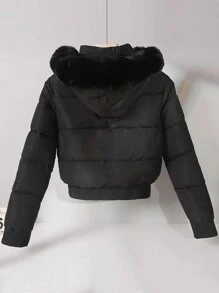 UREREM Áo khoác nữ dài tay cổ lông chống gió có khóa kéo, đệm bó, màu trơn, mùa đông - màu đen - Xem 2