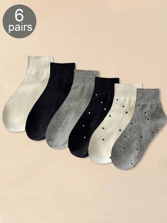 6 pares de calcetines cortos de mujer de unicolor con estampado de puntos, ligeros, transpirables y cómodos para uso diario