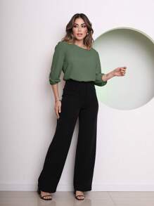 Women's Blouse Tailored Simplicity Elegant Social Basic Crepe 3/4 Sleeve Princess Tamires - 軍綠色 - 查看 4