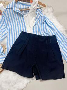 Women's Plain Marrant Shorts With Belt - 黑色 - 查看 2