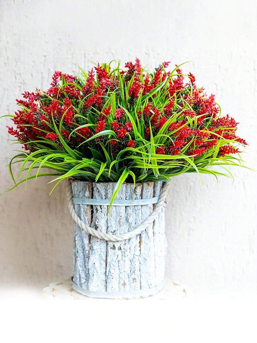 8 种人造户外植物，假薰衣草塑料，户外假猴子草抗紫外线，人造植物不褪色，家居装饰，假花绿色灌木，适用于前廊、办公室、夏季和秋季装饰、花园、户外和室内（红色） - 多色 - 查看 1