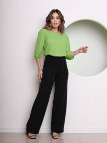 Women's Blouse Tailored Simplicity Elegant Social Basic Crepe 3/4 Sleeve Princess Tamires - 抹茶 - 查看 4