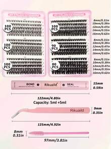 570 件 DIY 睫毛簇套装蓬松柔软自然外观 D 卷曲 30D/40D/50D/60D/80D/100D 混合睫毛簇，带睫毛粘合剂和密封剂以及睫毛镊子和睫毛刷 - 彩色 - 查看 6