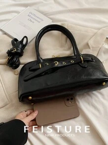 1 件 FEISTURE 纯色 PU 皮革紧固件手提包，复古单肩斜挎包，适合女孩、女士、大学生、办公室职员，非常适合工作、商务、通勤、上学 - 黑色 - 查看 5