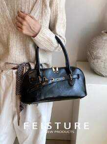 1 件 FEISTURE 纯色 PU 皮革紧固件手提包，复古单肩斜挎包，适合女孩、女士、大学生、办公室职员，非常适合工作、商务、通勤、上学 - 黑色 - 查看 7