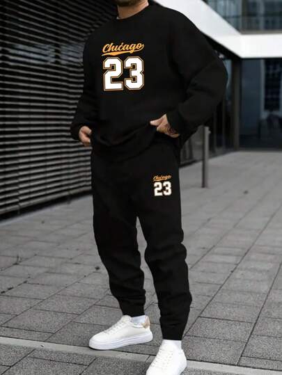 Ensemble 2 pièces grande taille pour hommes : Sweat-shirt-shirt col rond imprimé 23 lettres décontracté + Pantalon, Vêtements d'automne
