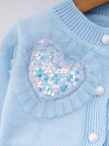 2pcs/Set Young Girl Heart Sequin Long Sleeve Sweater Cardigan + Fluffy Knit Tutu Skirt, Casual Loose Style - Blue - View 3