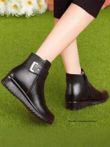 保暖内衬短靴，防滑妈妈鞋平跟中筒雪地靴，黑色，秋冬 - 黑色 - 查看 4