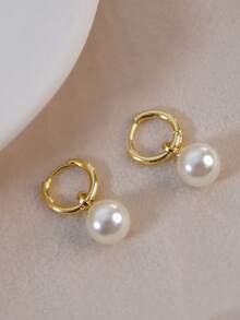 2 件套简约珍珠耳环，法式优雅耳夹，奢华时尚珍珠耳钉 - 金色 - 查看 4