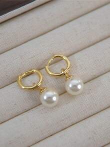 2 件套简约珍珠耳环，法式优雅耳夹，奢华时尚珍珠耳钉 - 金色 - 查看 2