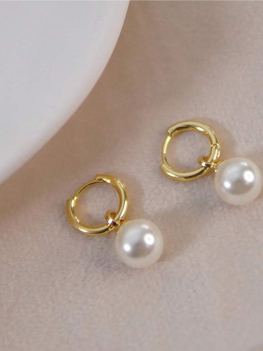 2 件套简约珍珠耳环，法式优雅耳夹，奢华时尚珍珠耳钉 - 金色 - 查看 1