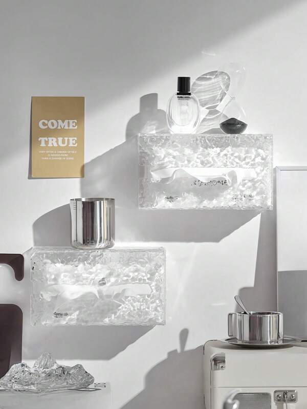 1 peça de capa transparente para caixa de lenços de papel, sem necessidade de perfuração, suporte para lenços faciais texturizados ondulados para parede, estojo de armazenamento doméstico para banheiro, sala de estar, mesa, escritório, papel-toalha de cozinha, decoração de banheiro, organizador de banheiro, decoração de outono, volta às aulas