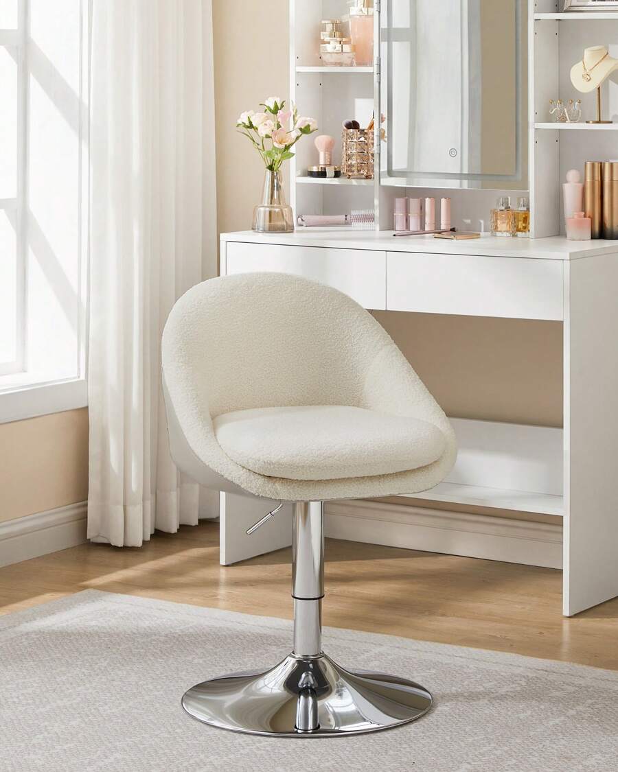 VASAGLE Chaise Réglable, Chaise de Coiffeuse, Fauteuil de Bureau Pivotant, Tabouret de Bar avec et Socle, en Acier, pour Bar, Bureau, Coiffeuse, Salle à Manger, Blanc Crème - Blanc - Voir 1