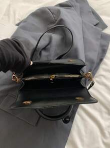 Women's Square Handbag With Dual-Color Plaid Patchwork Design, Fashionable, Elegant, Minimalist, Crossbody, Black - Black - View 7