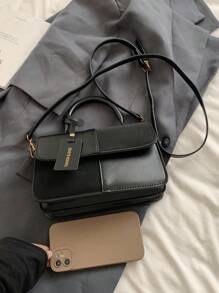 Women's Square Handbag With Dual-Color Plaid Patchwork Design, Fashionable, Elegant, Minimalist, Crossbody, Black - Black - View 4