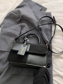 Women's Square Handbag With Dual-Color Plaid Patchwork Design, Fashionable, Elegant, Minimalist, Crossbody, Black - Black - View 5